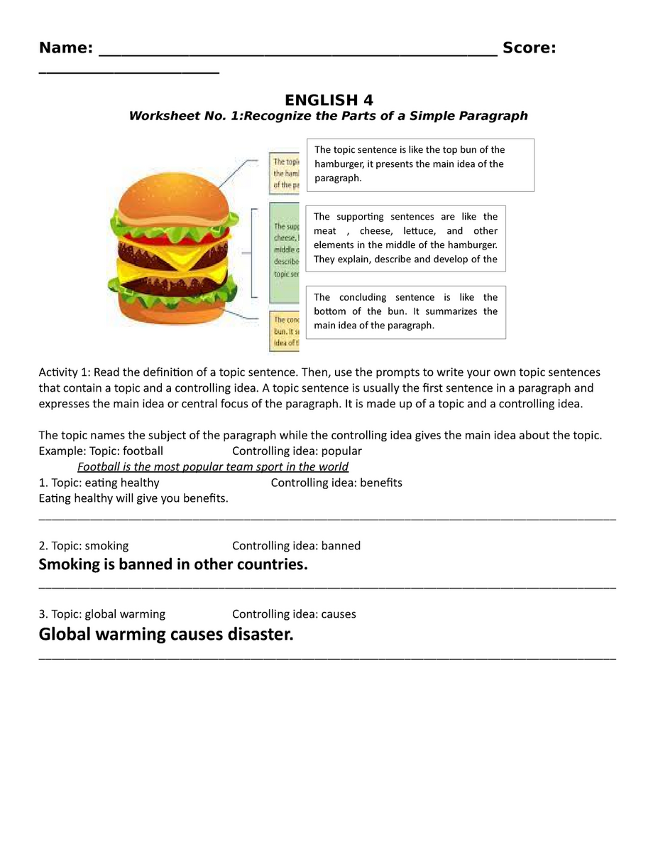 1 Recognize The Parts Of A Simple Paragraph Name Studocu Worksheets Library