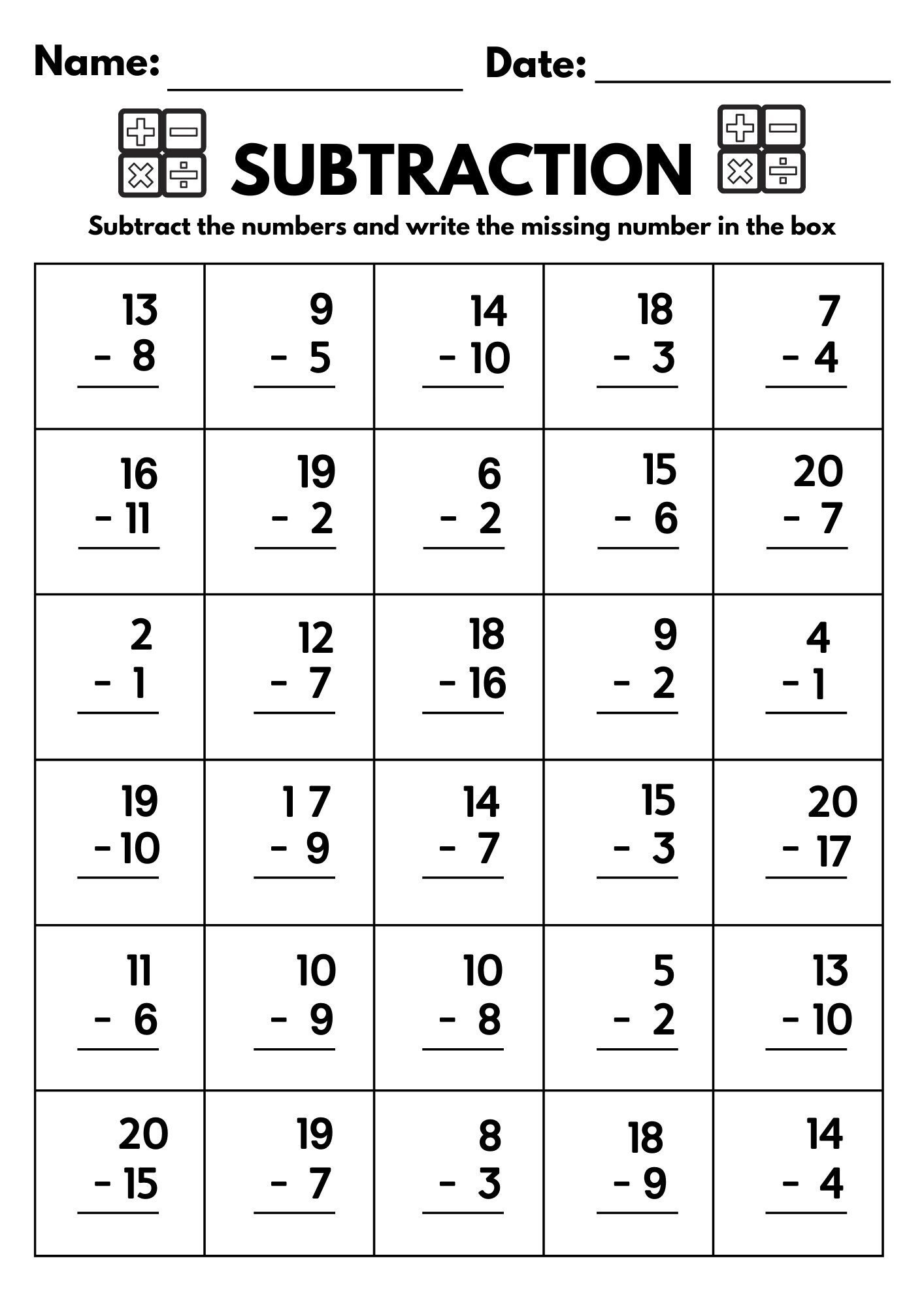 10 Printable Subtraction Fill In The Blanks Worksheets numbers 1 20 For Kindergarten 1st Grade 2nd Grade Math Subtraction Worksheets Etsy Israel