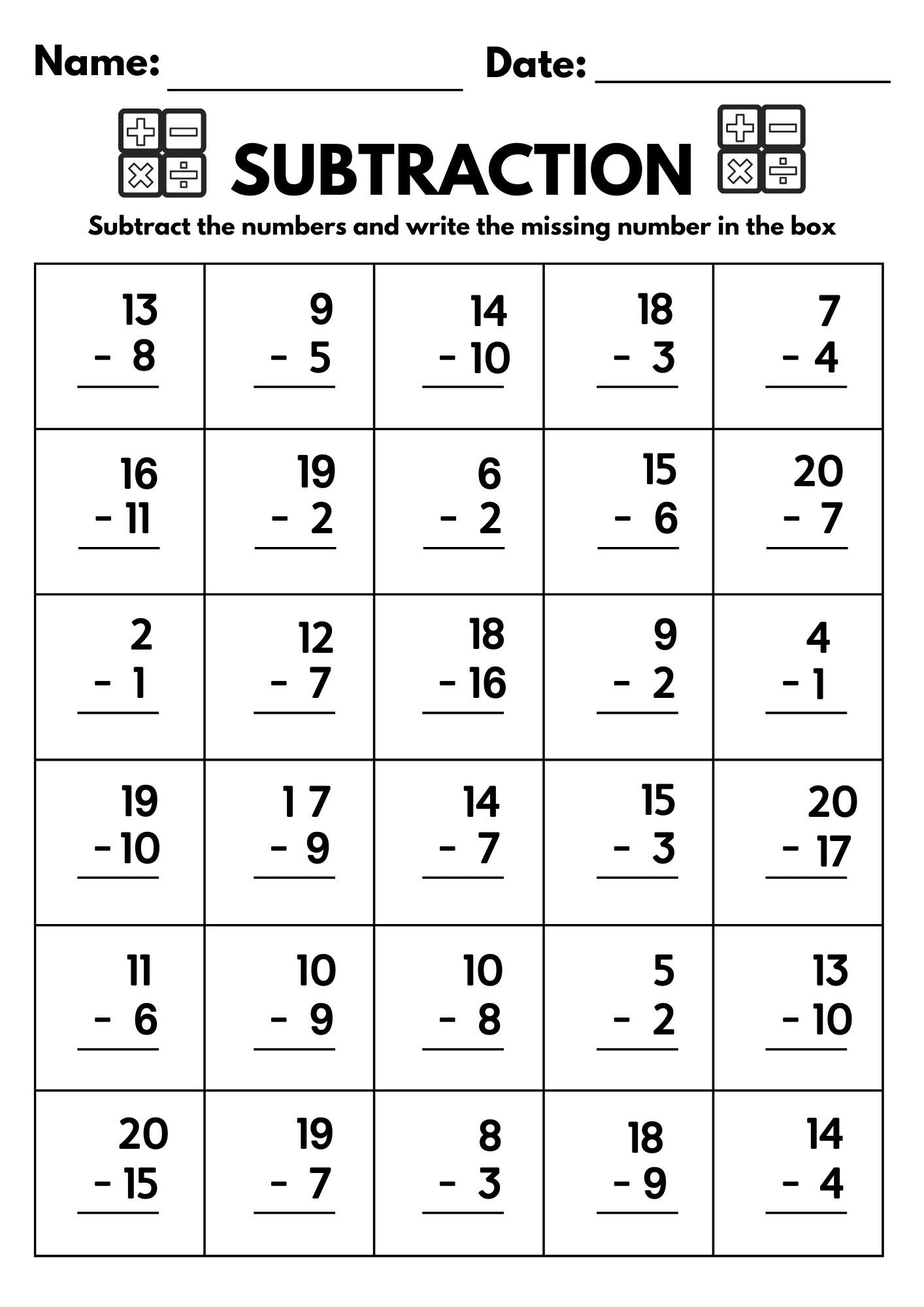10 Printable Subtraction Fill In The Blanks Worksheets Numbers 1 20 For Kindergarten 1st Grade 2nd Grade Math Subtraction Worksheets Etsy Israel