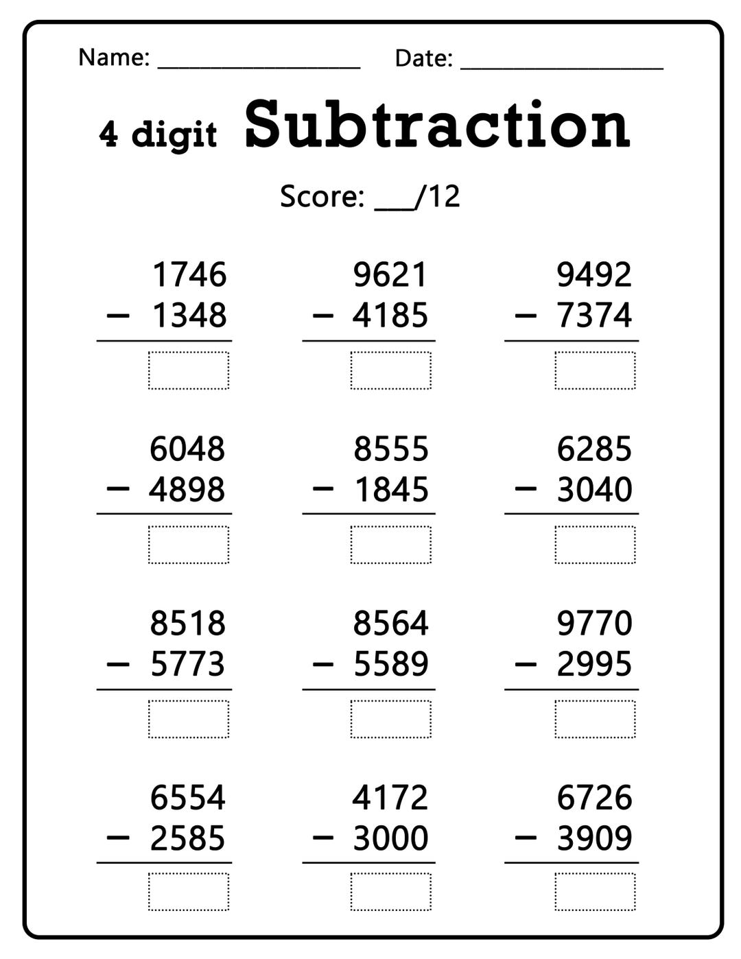 100 Four Digit Subtraction Worksheets Printable Math Worksheets Educational Resources 1000 9999 Numbers Etsy