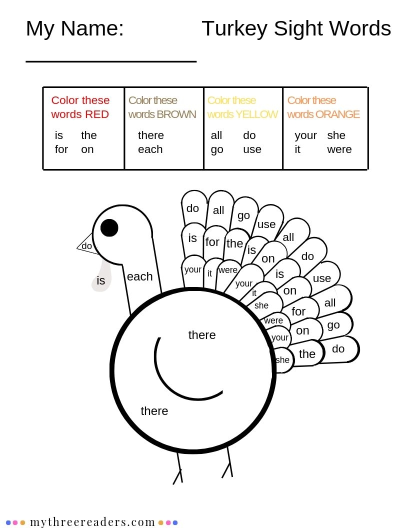 Color By Sight Word Thanksgiving Kindergarten Worksheets