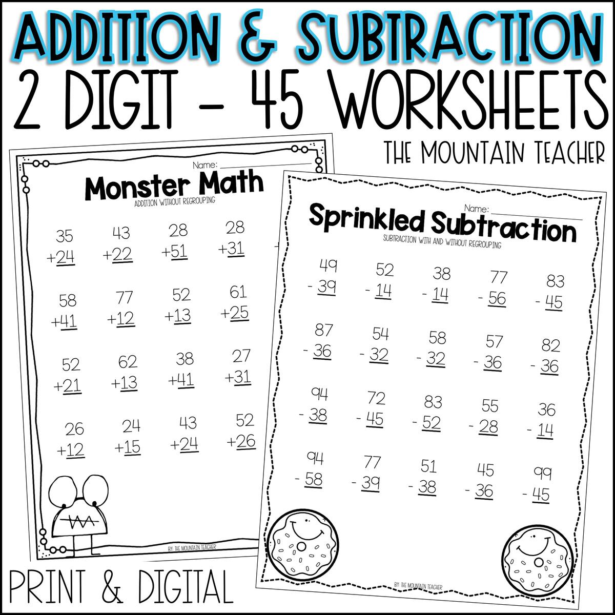 2 Digit Addition And Subtraction Worksheets With And Without Regrouping Classful