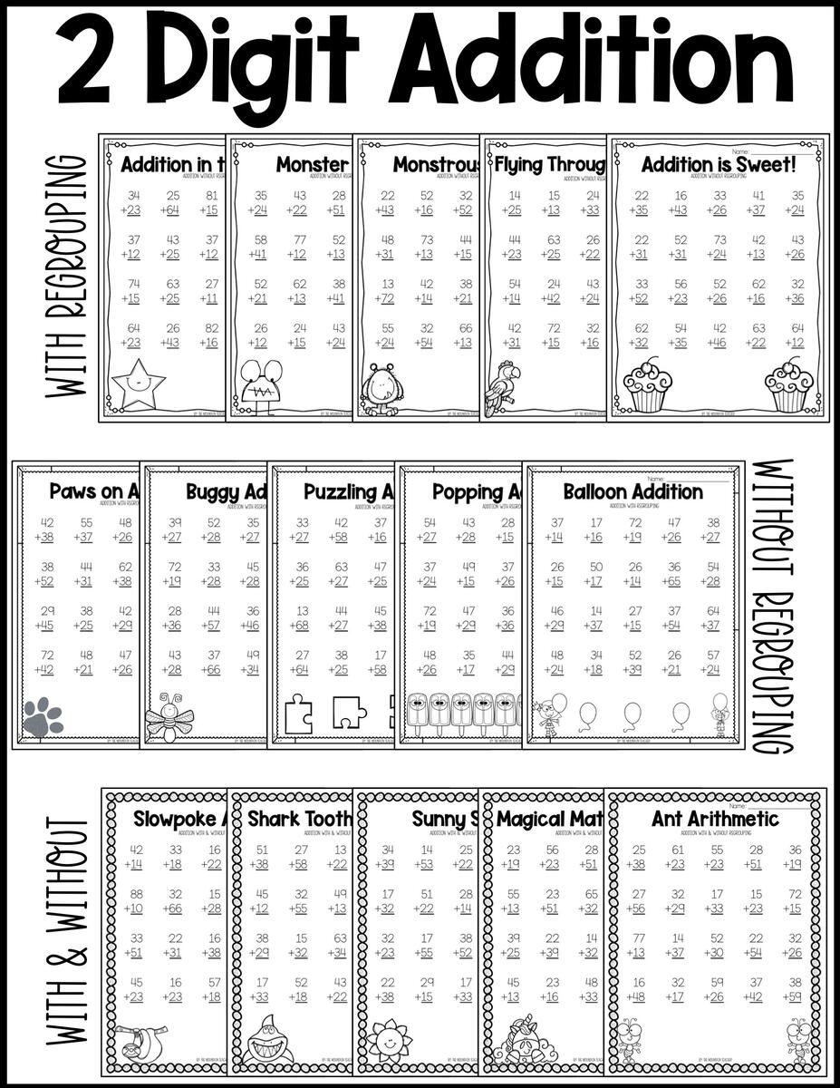 2 Digit Addition And Subtraction Worksheets With And Without Regrouping Classful
