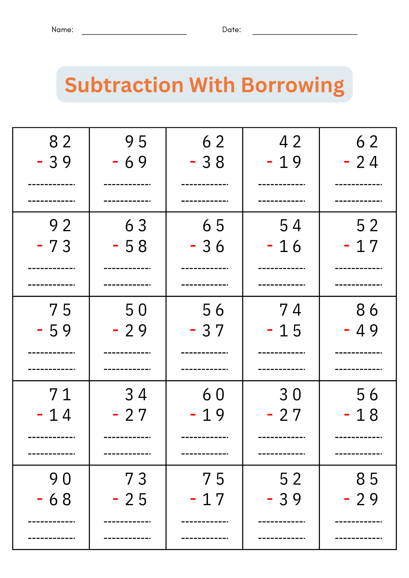 2 Digit Subtraction With Regrouping Number Math Worksheets For Grade 1 2 3 Made By Teachers Free Subtraction Worksheets To 12