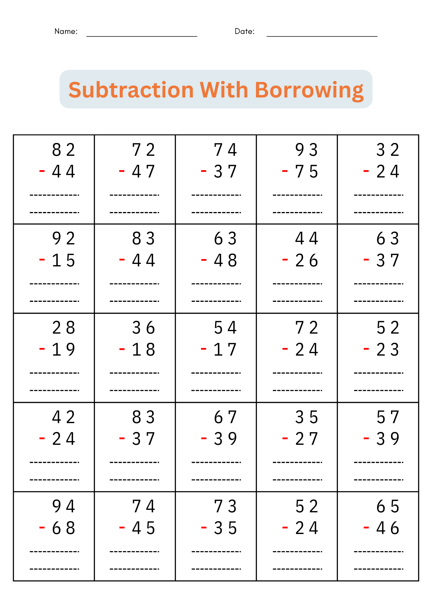 2 Digit Subtraction With Regrouping Number Math Worksheets For Grade 1 2 3 Made By Teachers Double Digit Subtraction Free Worksheet For Kids SKOOLGO
