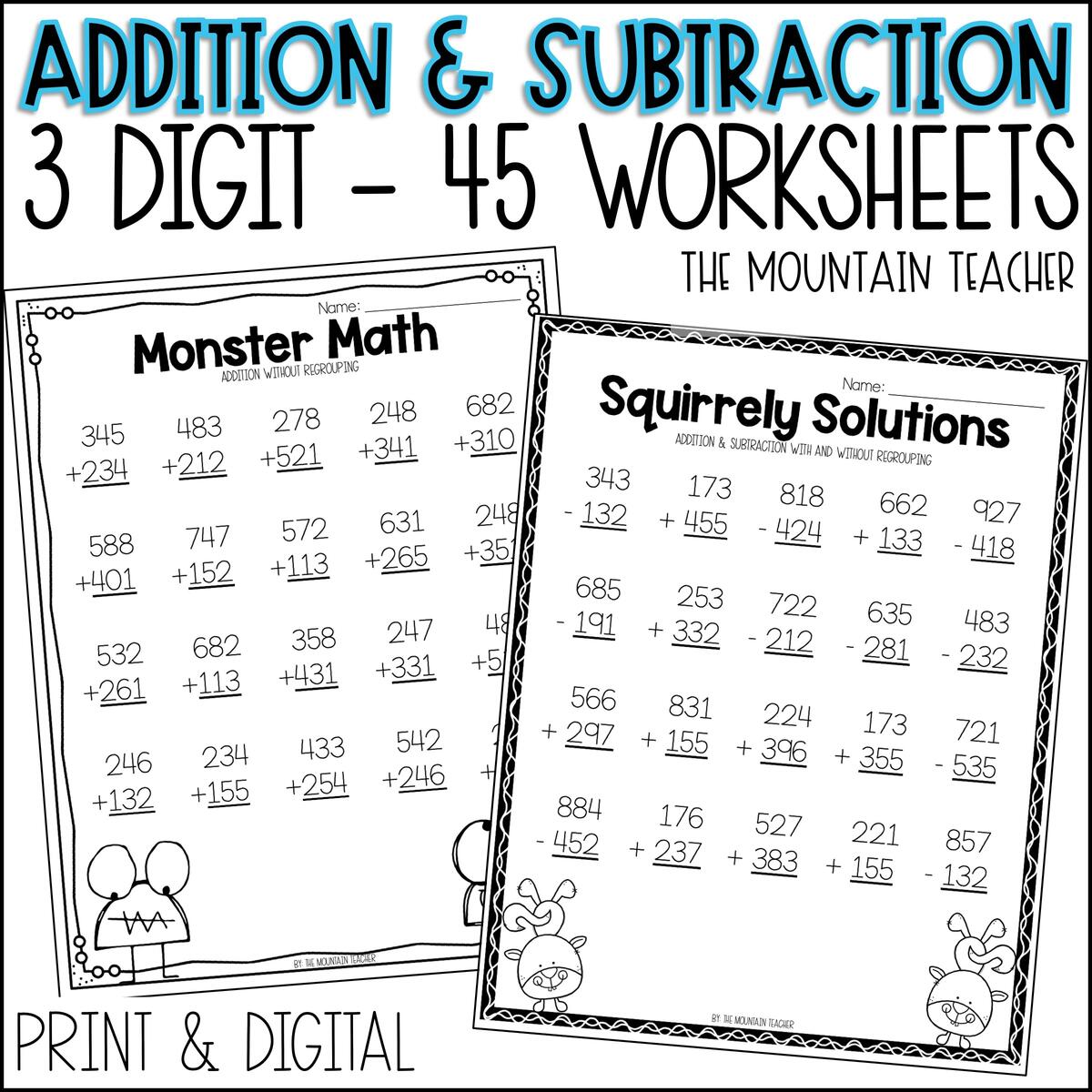 3 Digit Addition And Subtraction Worksheets With And Without Regrouping Made By Teachers 2 Digit Addition And Subtraction Worksheets