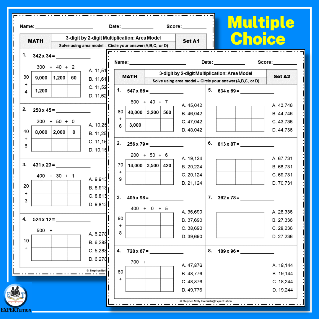 Multiplication Practice Worksheets Area Model Box Method 2nd 3rd 4th Grade Math Multiplying 2 Digit 3 Digit 4 Digit Numbers By 1 2 Digits Etsy
