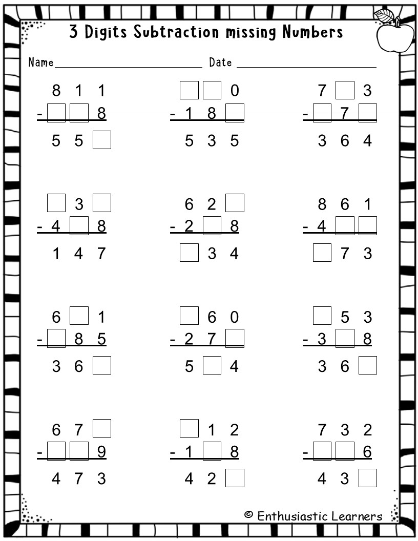 3 Digit Subtraction Missing Numbers Worksheets Find The Minuend Subtrahend Or Difference Math Teaching Resources