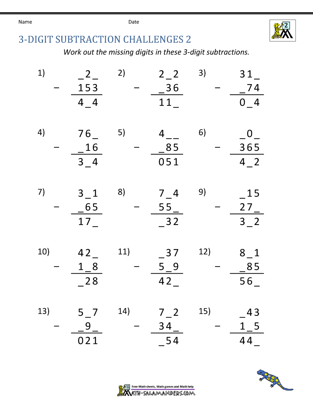 3 Digit Subtraction Worksheets Triple Digit Subtraction Worksheets With And Without Regrouping Missing Number Made By Teachers