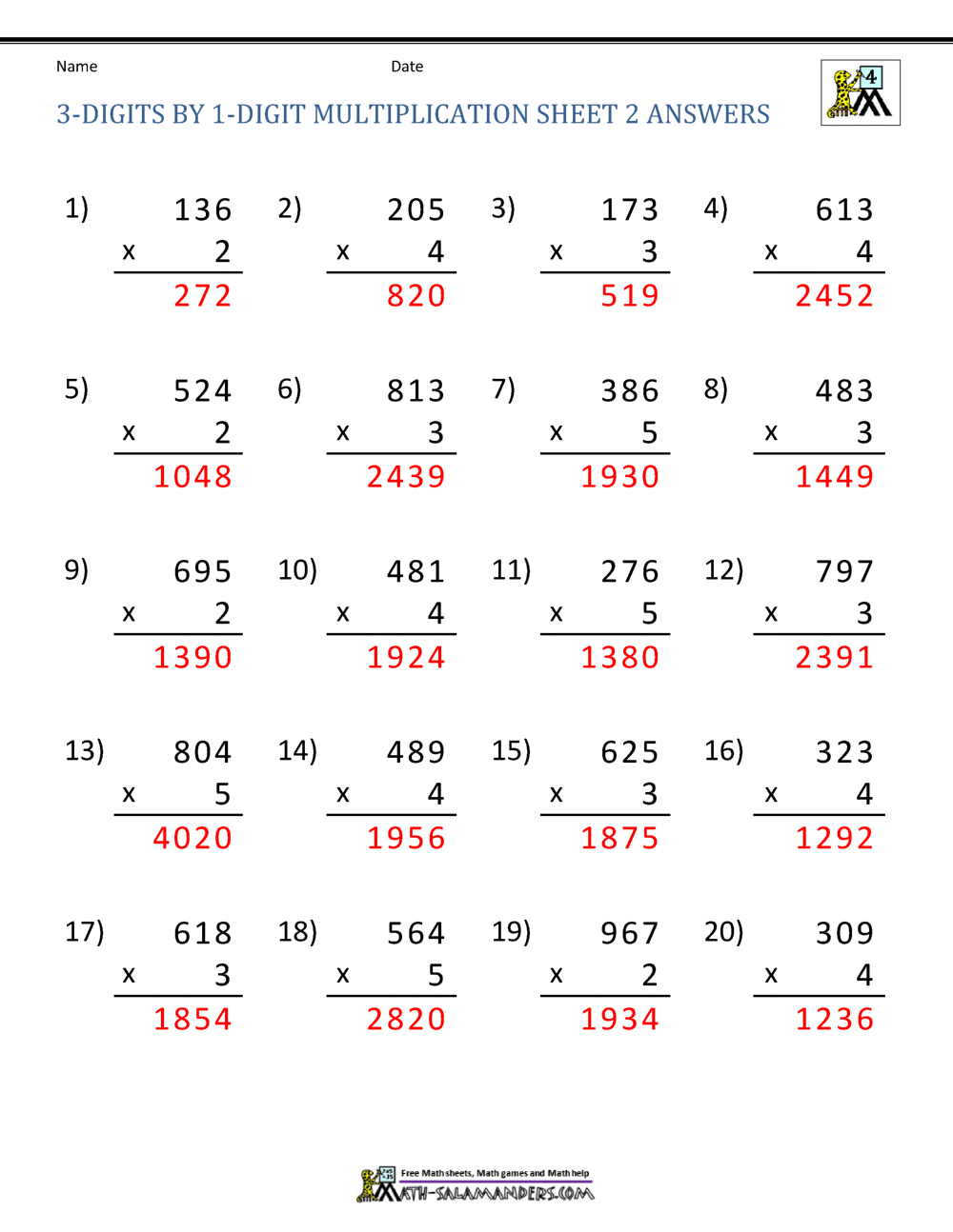 3 X 1 Digit Multiplication Sheet 2 Answers 3 X 1 Digit Multiplication Sheet 2 Answers
