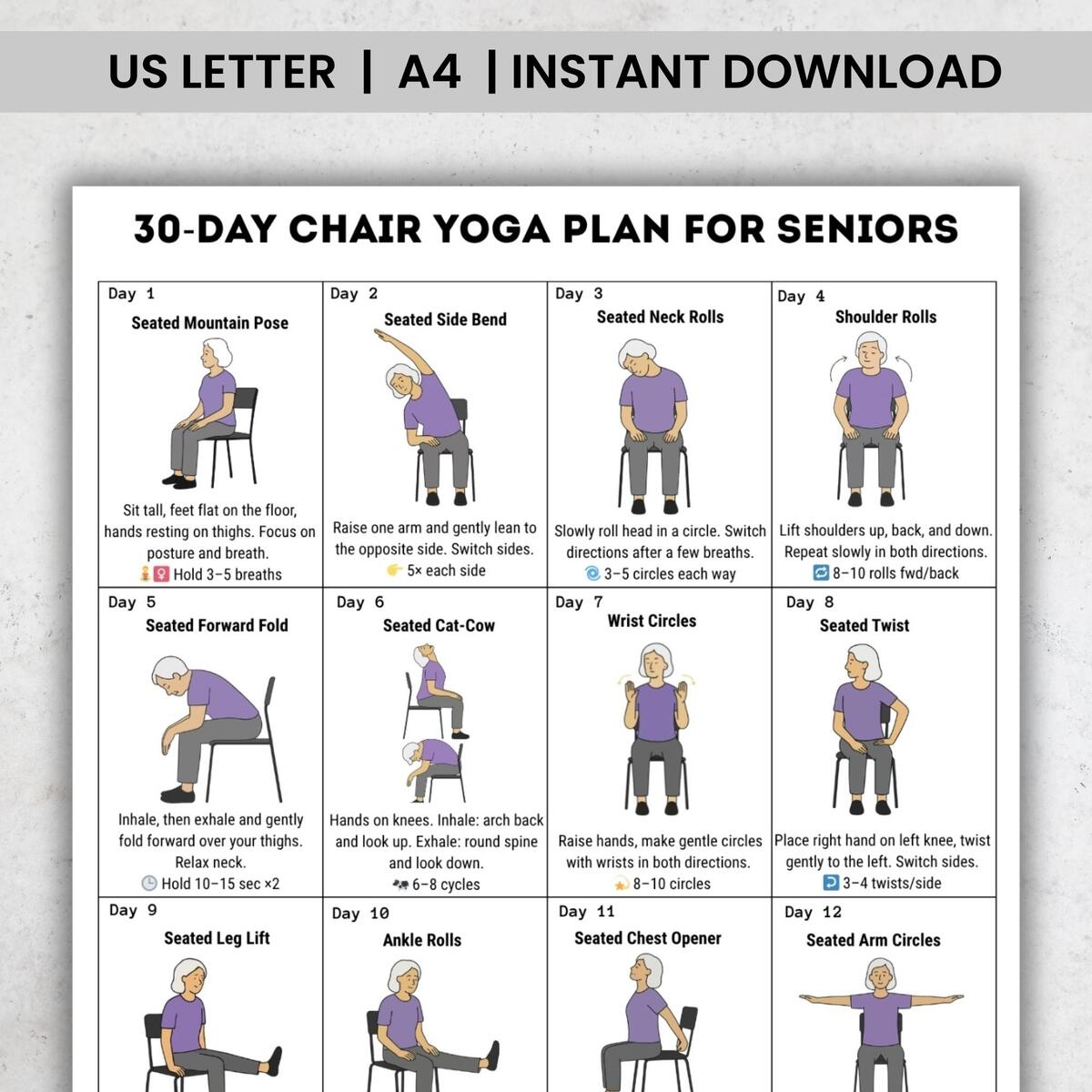30 Day Chair Yoga For Seniors Challenge Chair Exercise Guide I Printable Chair Workout PDF Senior Home Workout Plan Instant Download Etsy