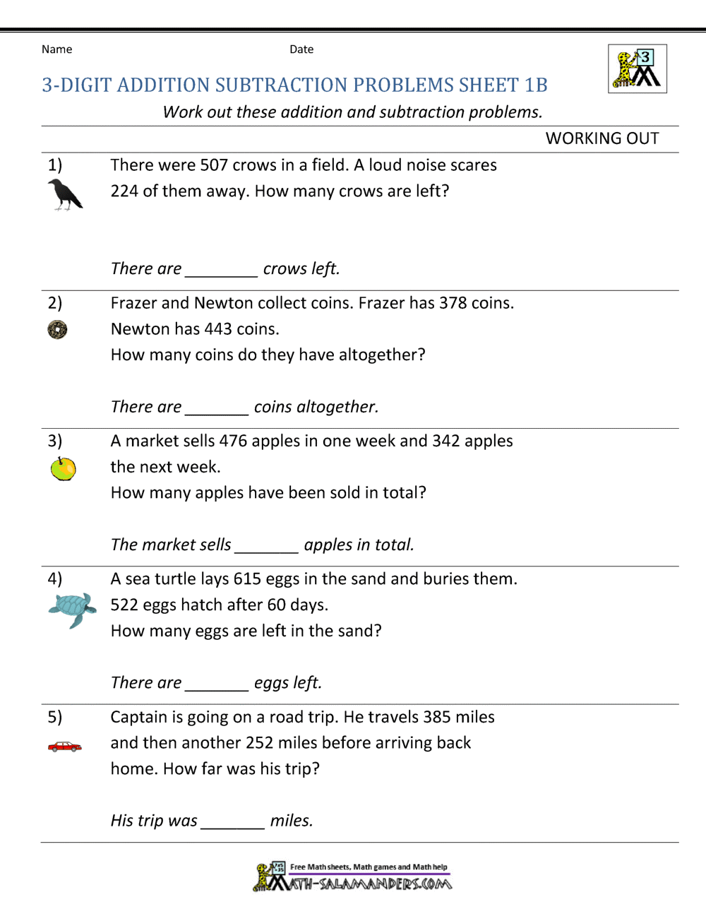 3rd Grade Addition And Subtraction Word Problems