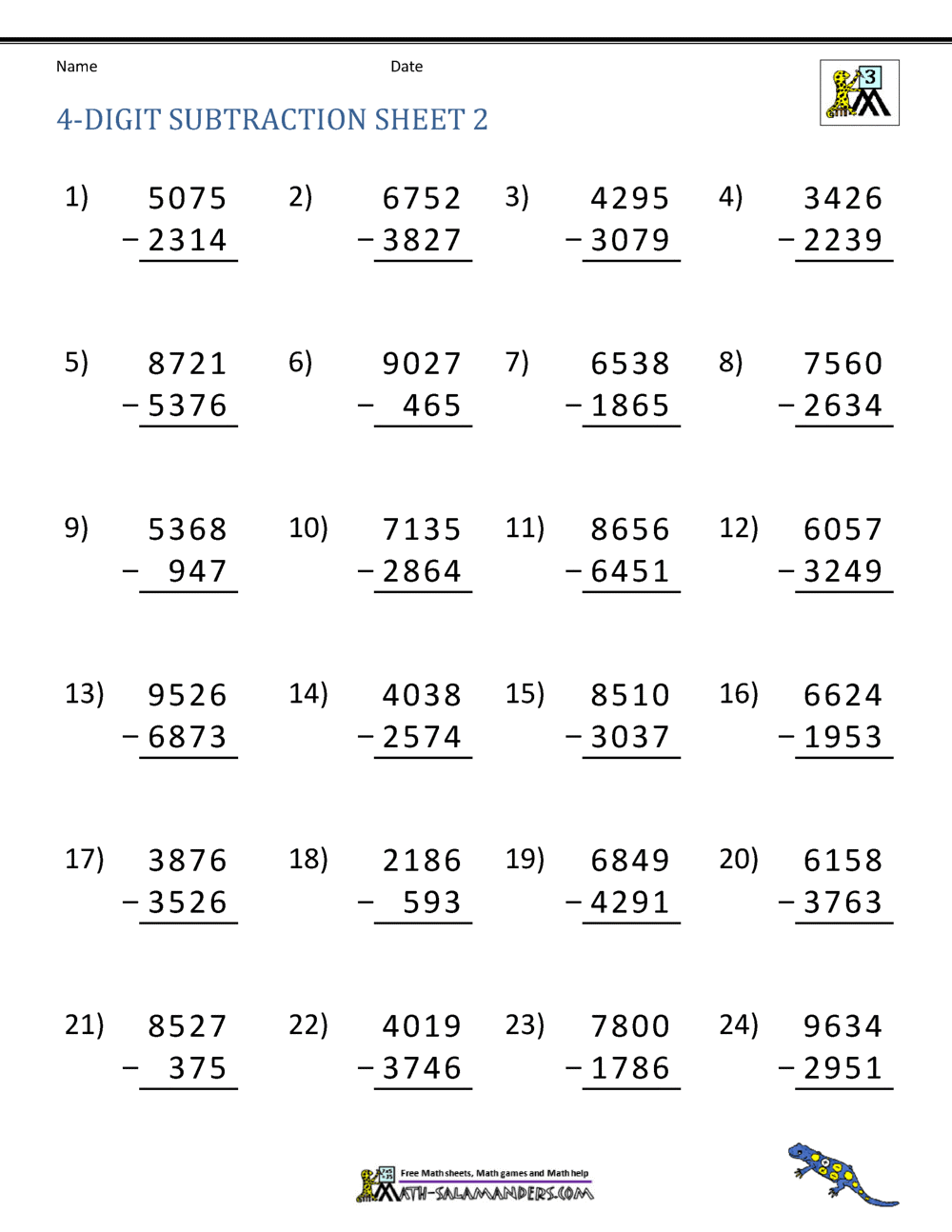 Worksheet On Subtraction Of 4 Digit Numbers Subtracting 4 Digit Number