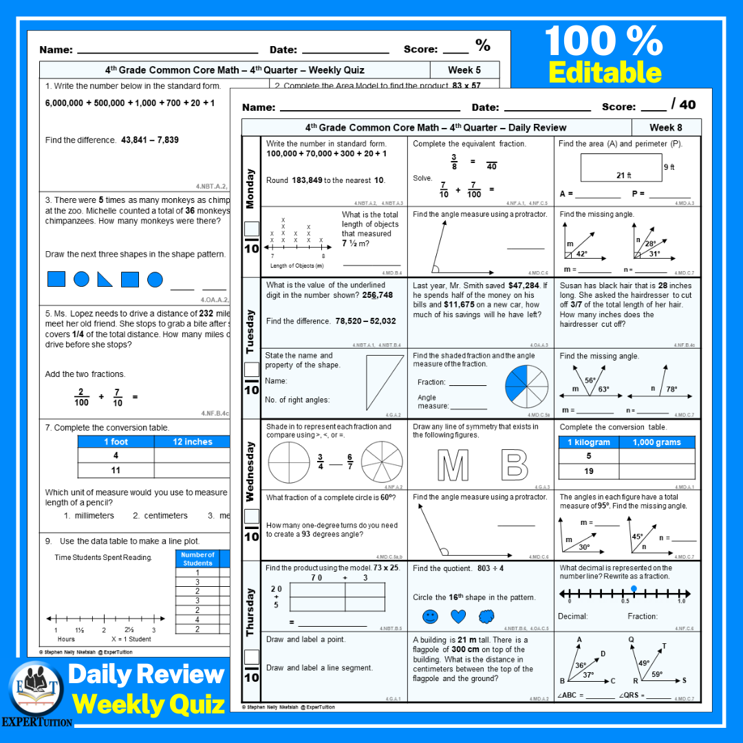 4th Grade Math Spiral Review Worksheets Entire Year Made By Teachers