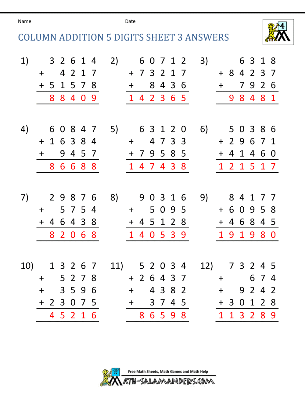 5 Digit Addition Multi Addends Sheet 3 Answers Grade 4 Five Digit Addition Worksheet 5 Kidschoolz
