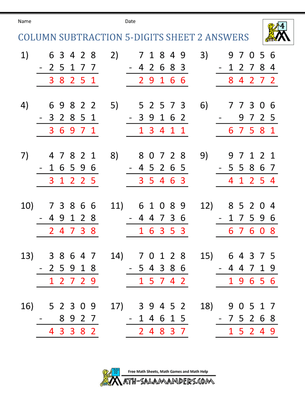 5 Digit Column Subtraction Sheet 2 Answers
