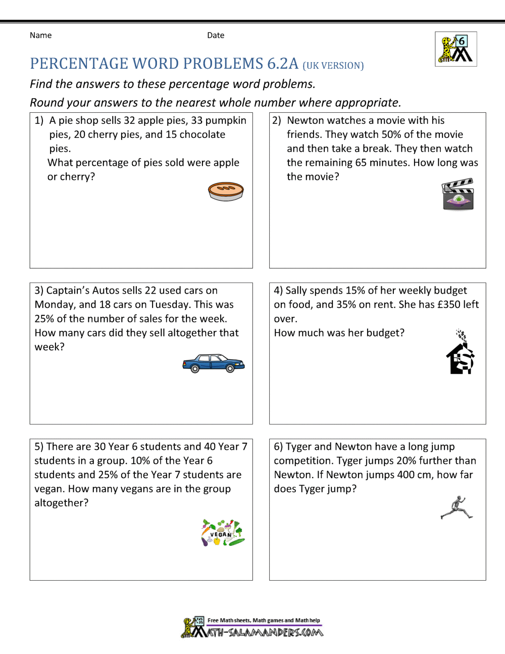 6th Grade Percent Word Problems