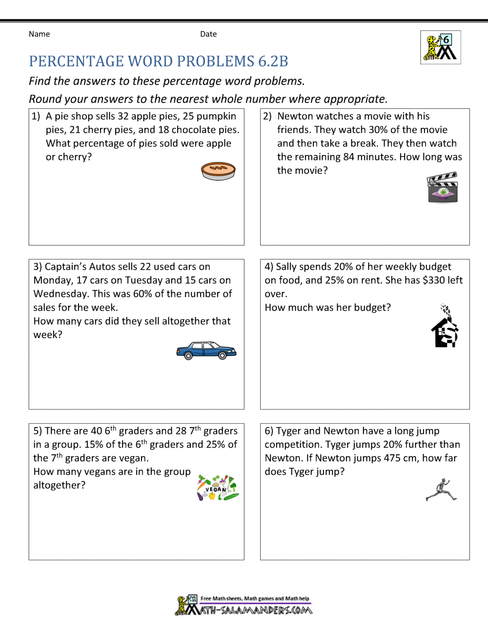 6th Grade Percent Word Problems