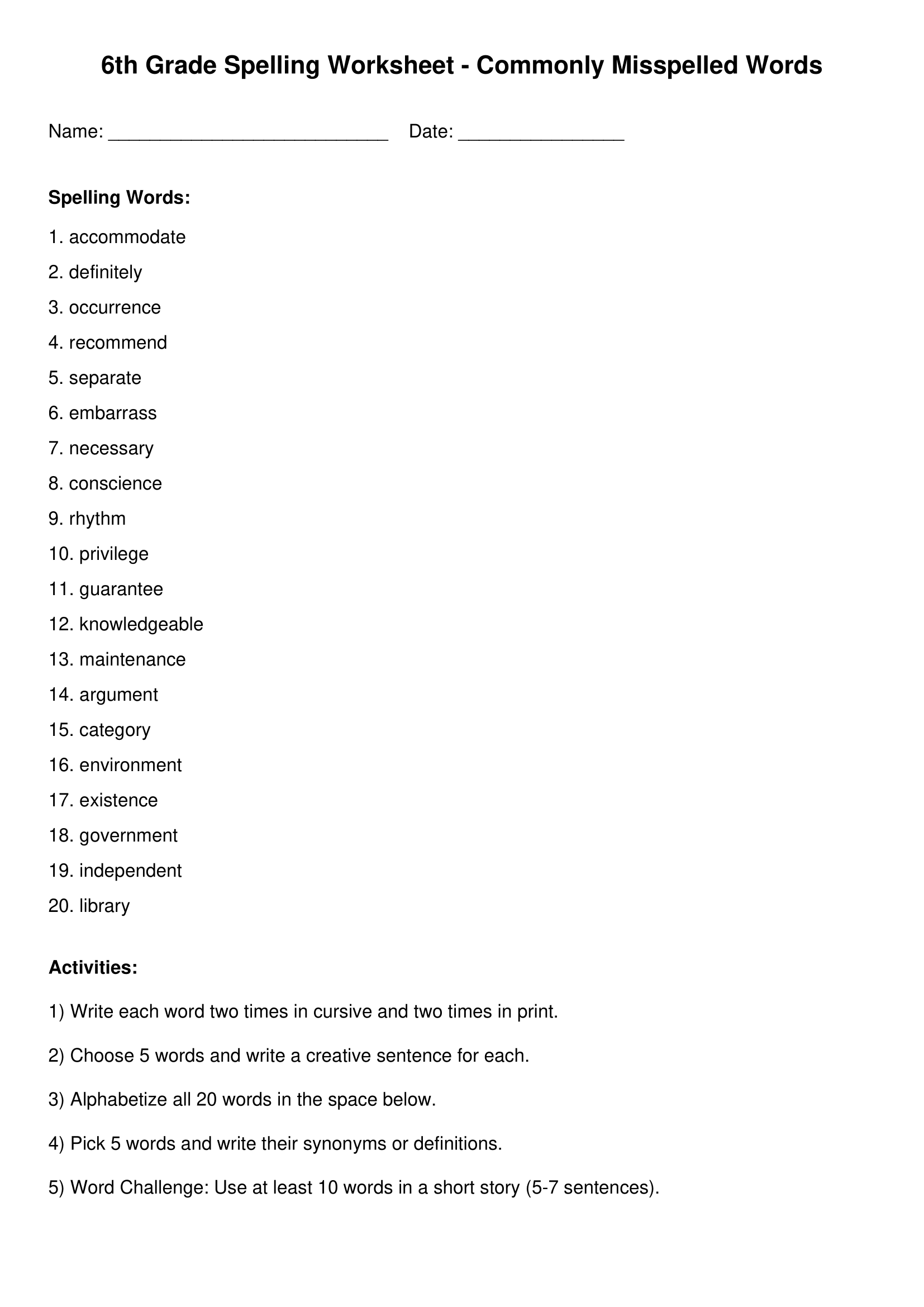 6th Grade Spelling Worksheets Commonly Misspelled Words 6th Grade Spelling Worksheets