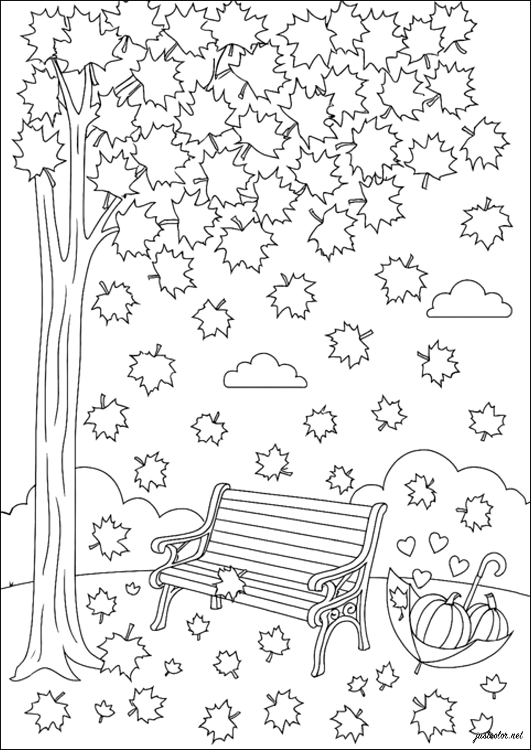 A Bench Under A Tree With Falling Leaves Autumn Coloring Pages A Bench Under A Tree With Falling Leaves Autumn Coloring Pages