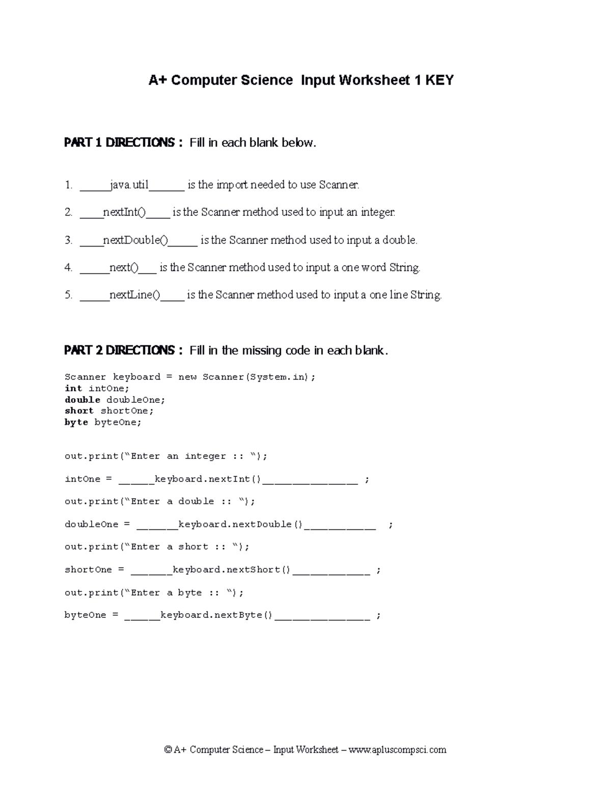A Computer Science Input Worksheet 1 Java Key Studocu