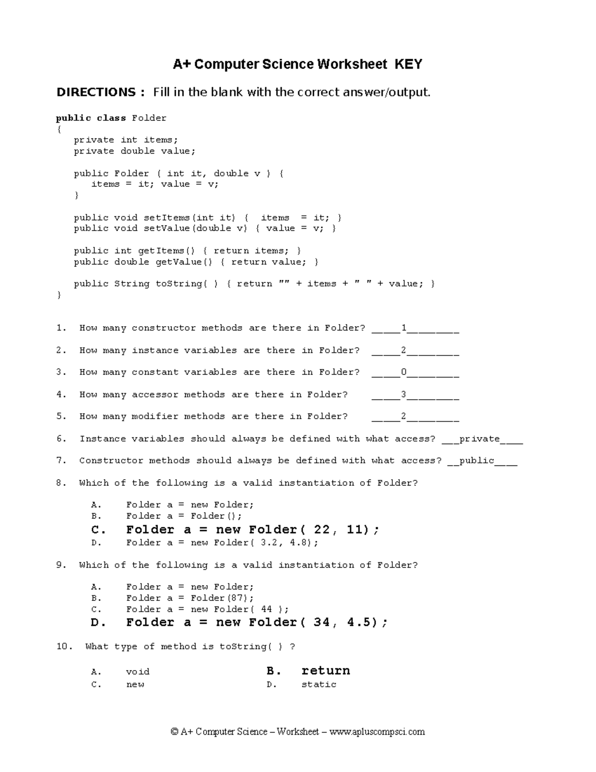A Computer Science Worksheet 1 Java Class Folder Key Studocu