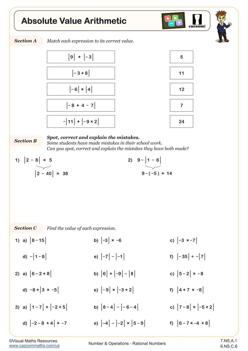 Absolute Value Arithmetic Worksheet Fun And Engaging 6th Grade And 7th Grade Number Operations Worksheet Cazoom Math