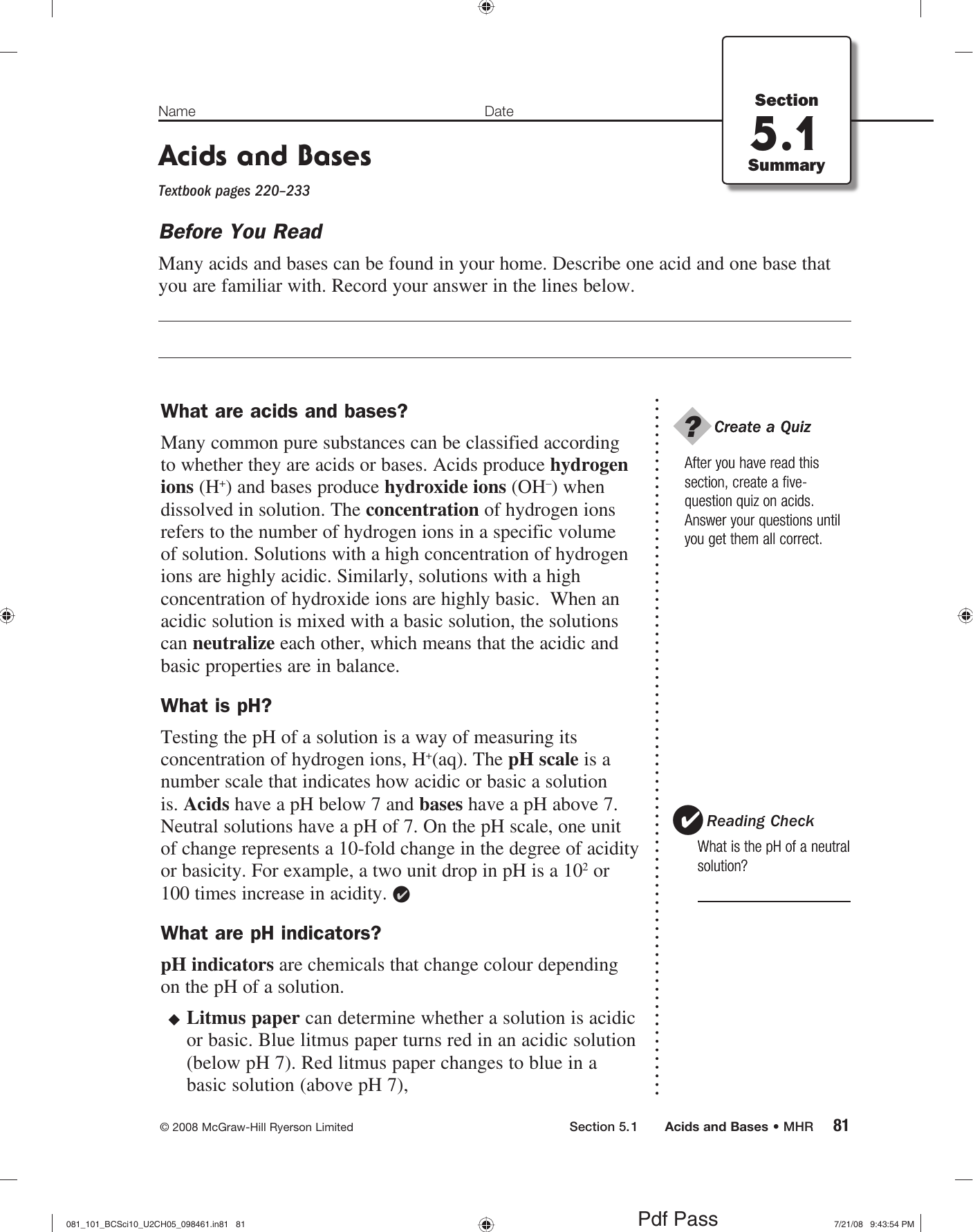 Acids And Bases Worksheet PH Indicators Naming