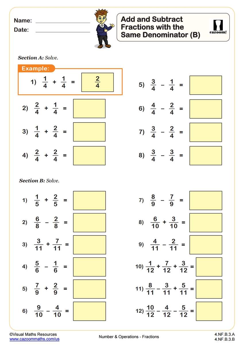 Add And Subtract Fractions B 4th Grade PDF Number And Operations Worksheets Cazoom Math Add And Subtract Fractions B 4th Grade PDF Number And Operations Worksheets Cazoom Math