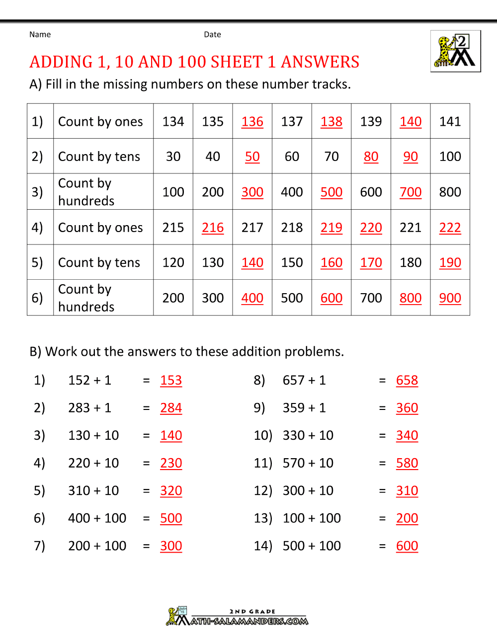 Adding 1 10 100 Worksheets Adding 1 10 100 Worksheets
