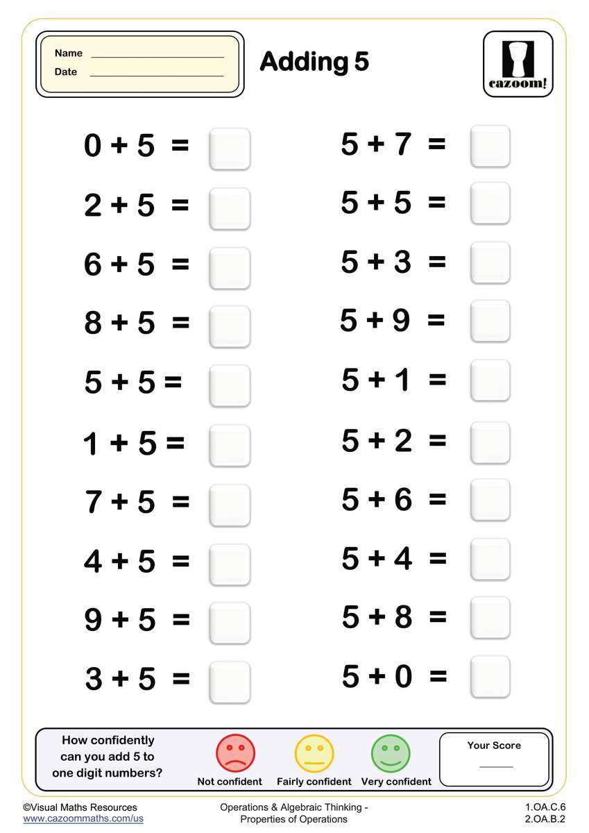 Adding 5 20 Questions PDF Printable Addition Worksheets Cazoom Math Adding 5 20 Questions PDF Printable Addition Worksheets Cazoom Math