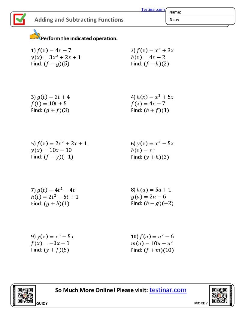 Adding And Subtracting Functions Worksheets