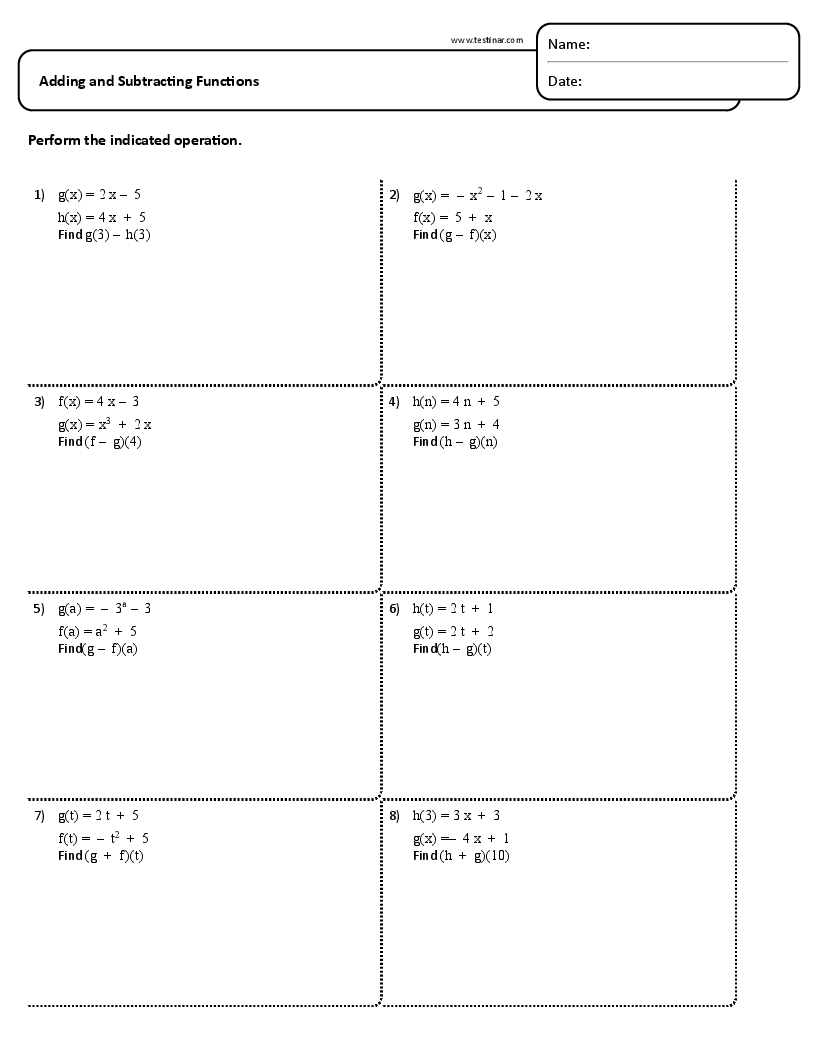 Adding And Subtracting Functions Worksheets Adding And Subtracting Functions Worksheets
