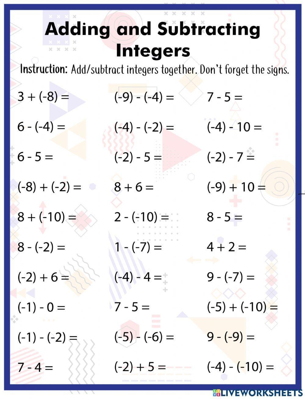 Adding And Subtracting Integers Worksheet For 3 Worksheets Library 22 Math Integers Ideas Math Integers Integers Positive Numbers