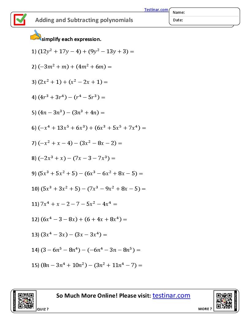Adding And Subtracting Polynomials Worksheets Worksheets Library