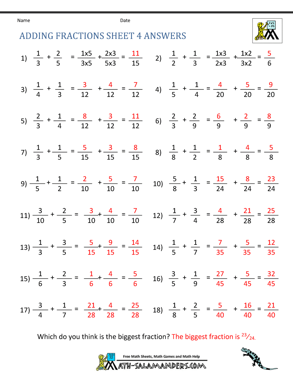 Adding Fractions Worksheets Adding Fractions Worksheets
