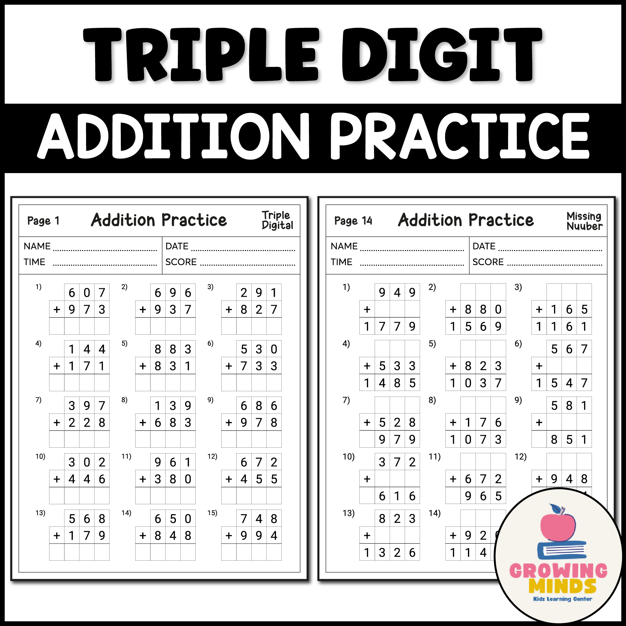 K613786 3 Digit Addition Worksheets
