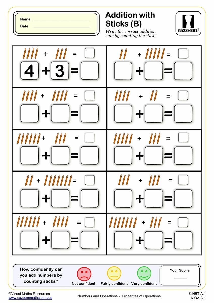 Addition With Sticks C PDF Printable Addition Worksheets Cazoom Math Addition With Sticks C PDF Printable Addition Worksheets Cazoom Math