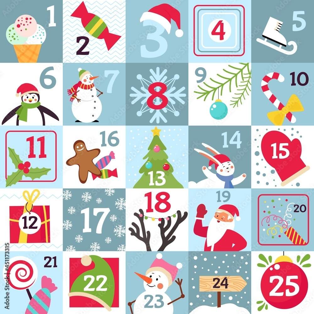 Advent Calendar Printable Christmas Gift Countdown Day Numbers To Holidays Xmas Greetings Festive Cartoon Snowman Print Decent Vector Template Stock Vector Adobe Stock Advent Calendar Printable Christmas Gift Countdown Day Numbers To Holidays Xmas Greetings Festive Cartoon Snowman Print Decent Vector Template Stock Vector Adobe Stock