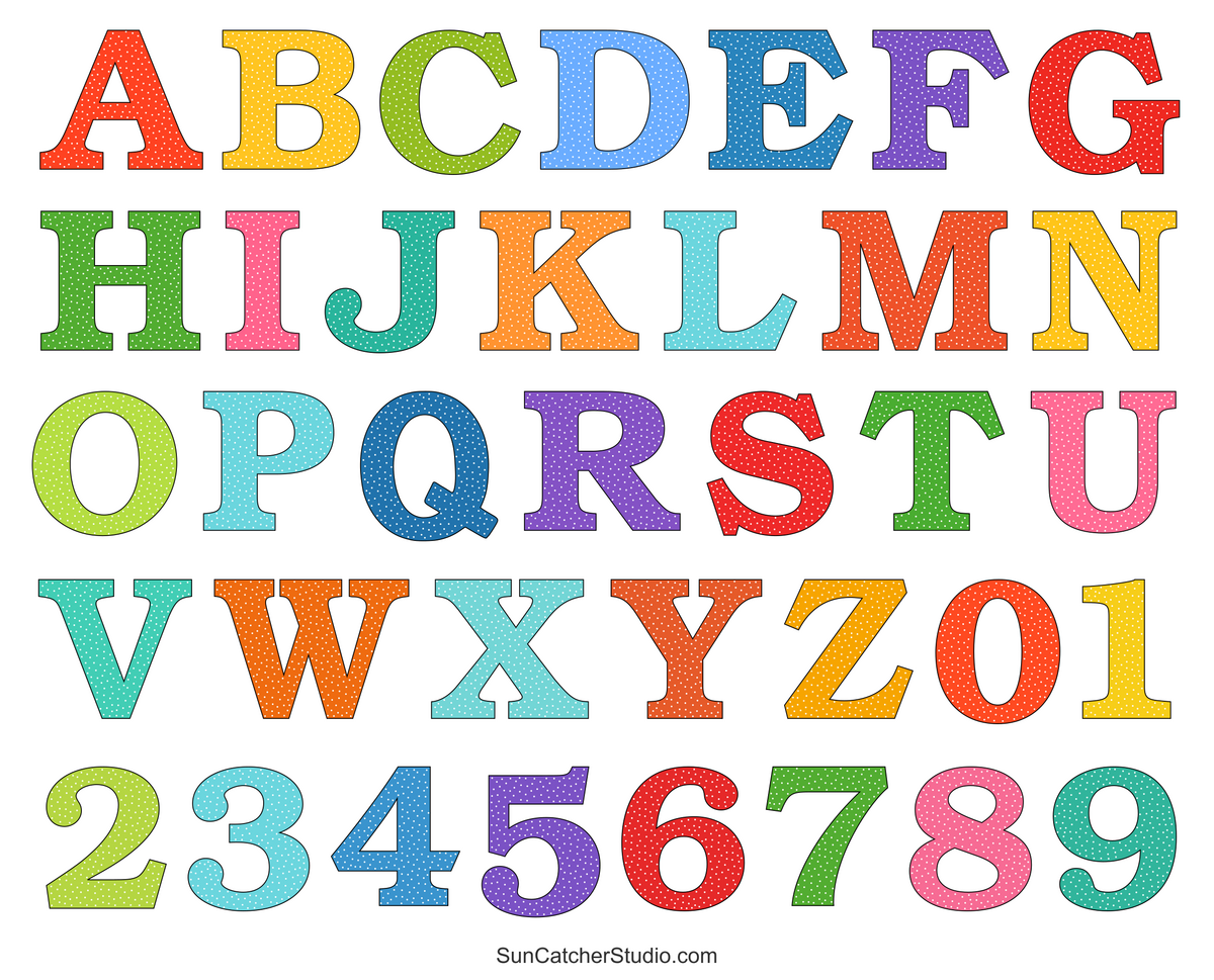 Alphabet Letters And Numbers With A Colorful Polka Dot Design Free Printables Lettering SVG Files Tools Apps