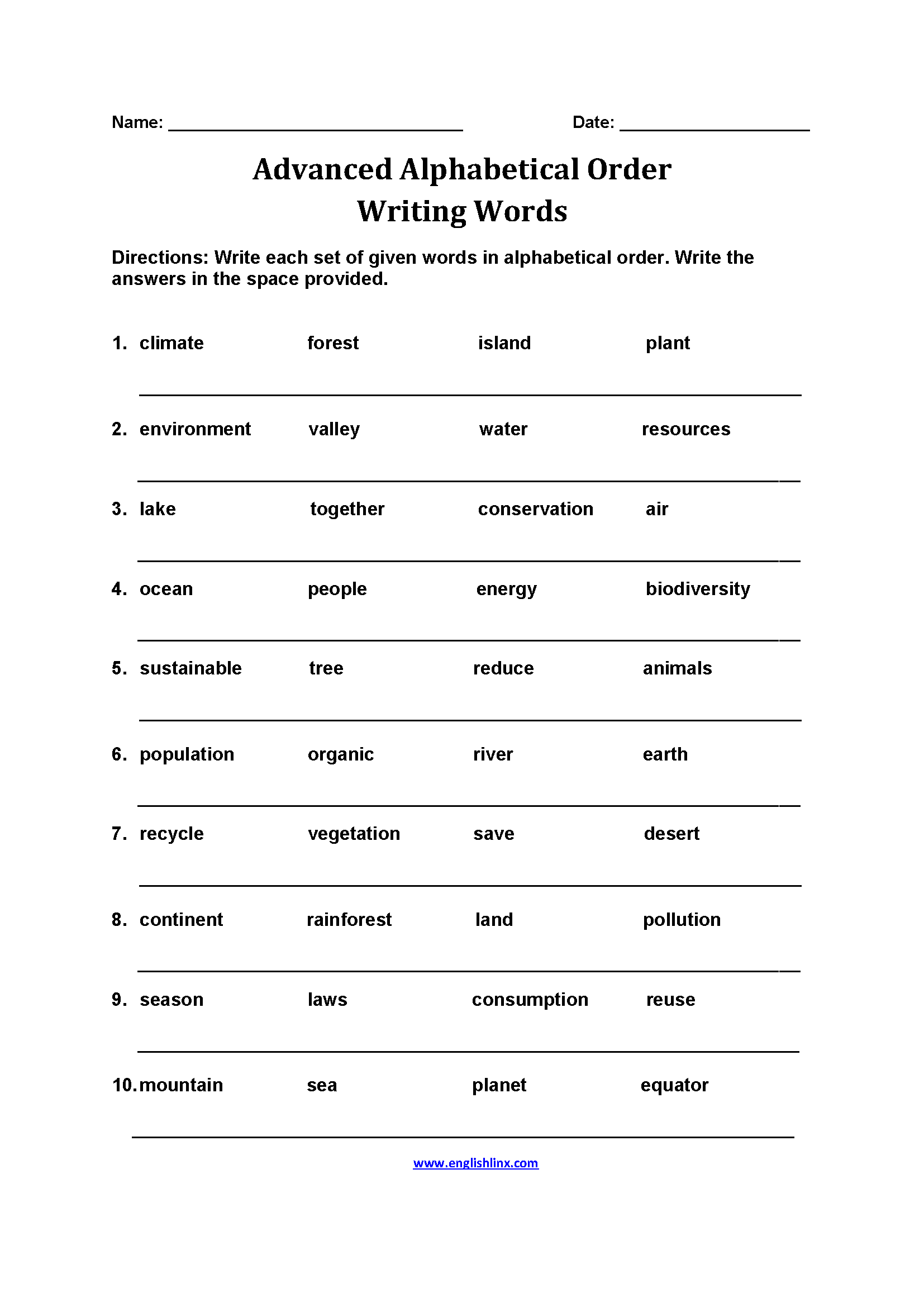 Alphabetical Order Worksheets Advanced Alphabetical Order Writing Words Worksheets
