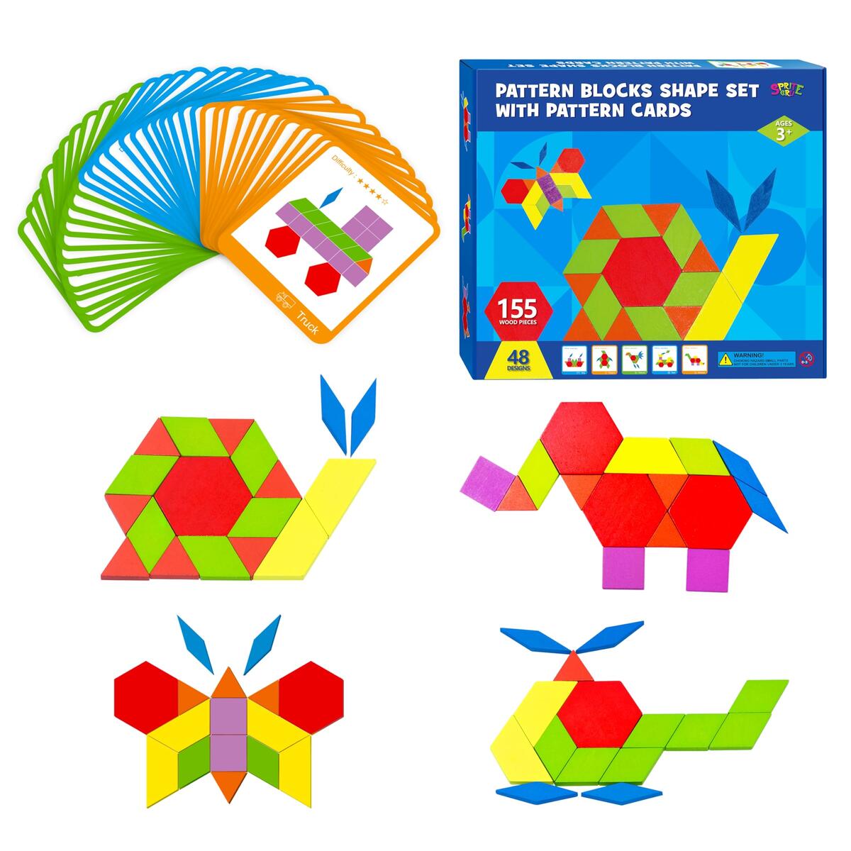 Amazon 155 PCS Wooden Pattern Blocks Set 24 Double Sided Design Cards 48 Patterns Geometric Shape Puzzle Fun Tangram Montessori Learning Toys For Kids Ages 4 8 A Storage Bag A Gift Box