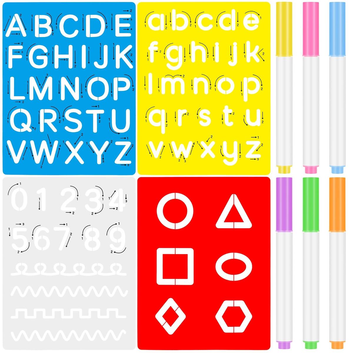 Amazon Gersoniel 10 Pieces Preschool Letters And Numbers Alphabet Stencils Colorful Double Sided Tracing Board PET Paint Boards With Craft Markers Marker Paint Pens Preschool Learning Toys Arts Crafts Sewing