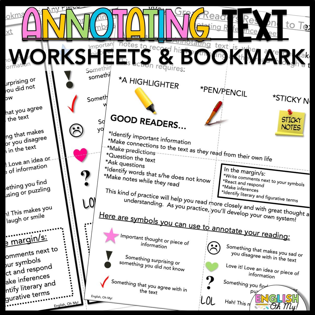 Junior Intermediate Close Reading Annotation Symbols Posters Ink Saver Color