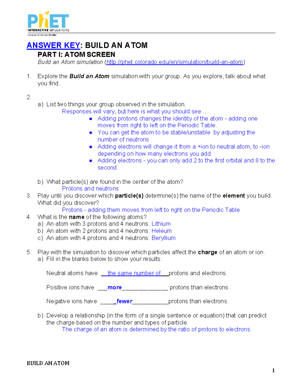 Answer Key Build An Atom Simulation PHET Comprehensive Guide Studocu