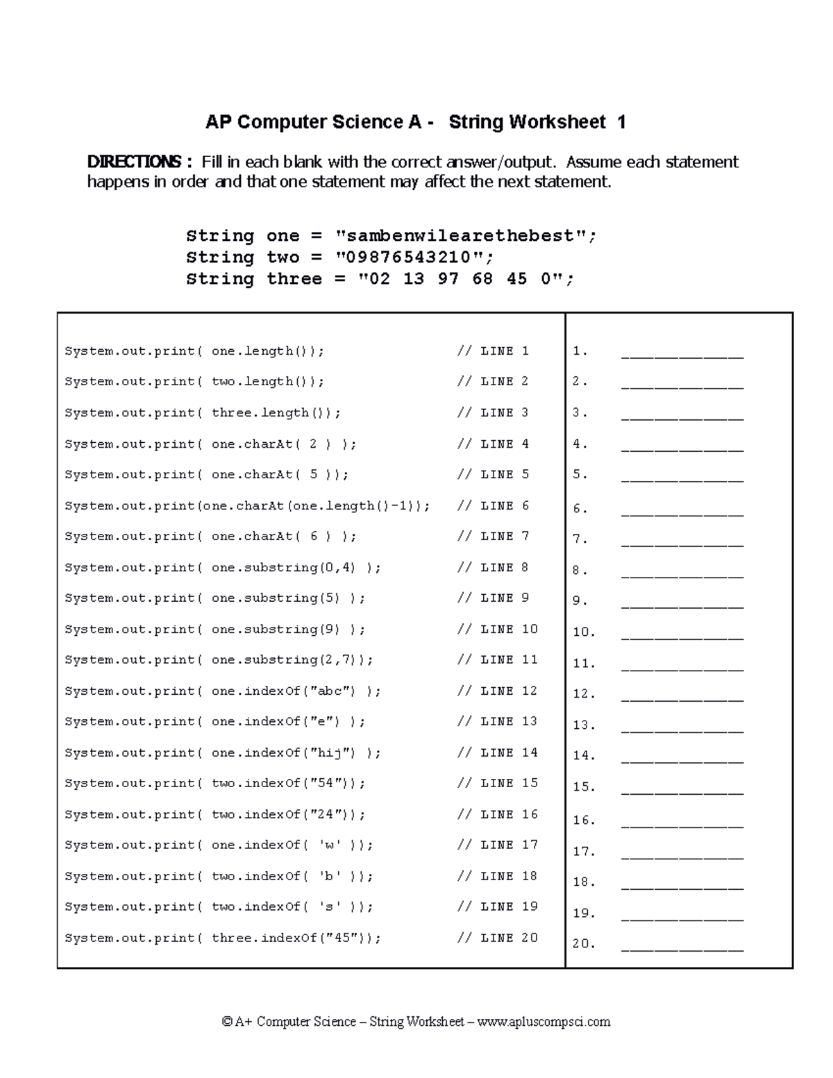 AP Computer Science A String Worksheets 1 2 Studocu