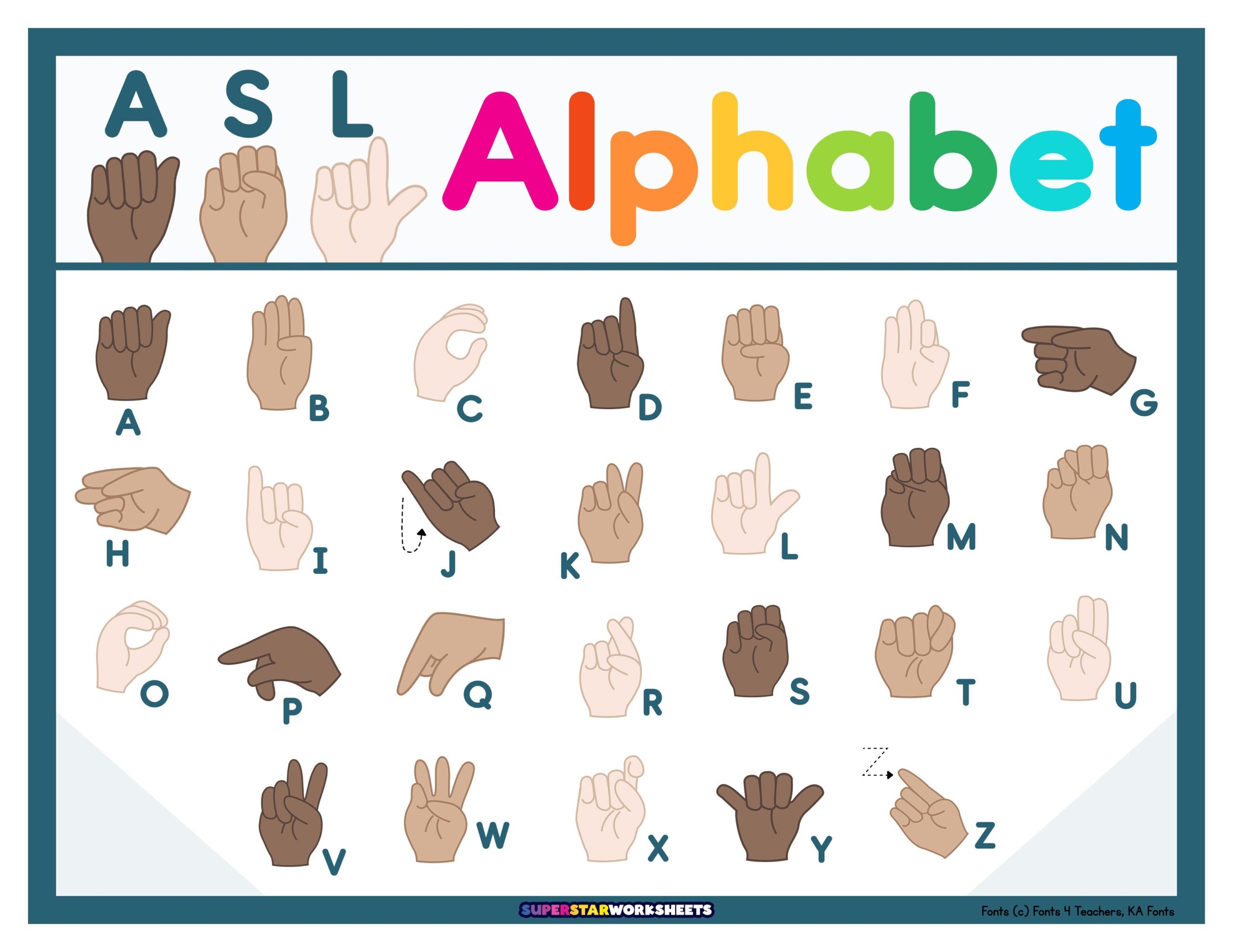 ASL Alphabet Chart Superstar Worksheets Printable Sign Language Letters Printable Party Favors