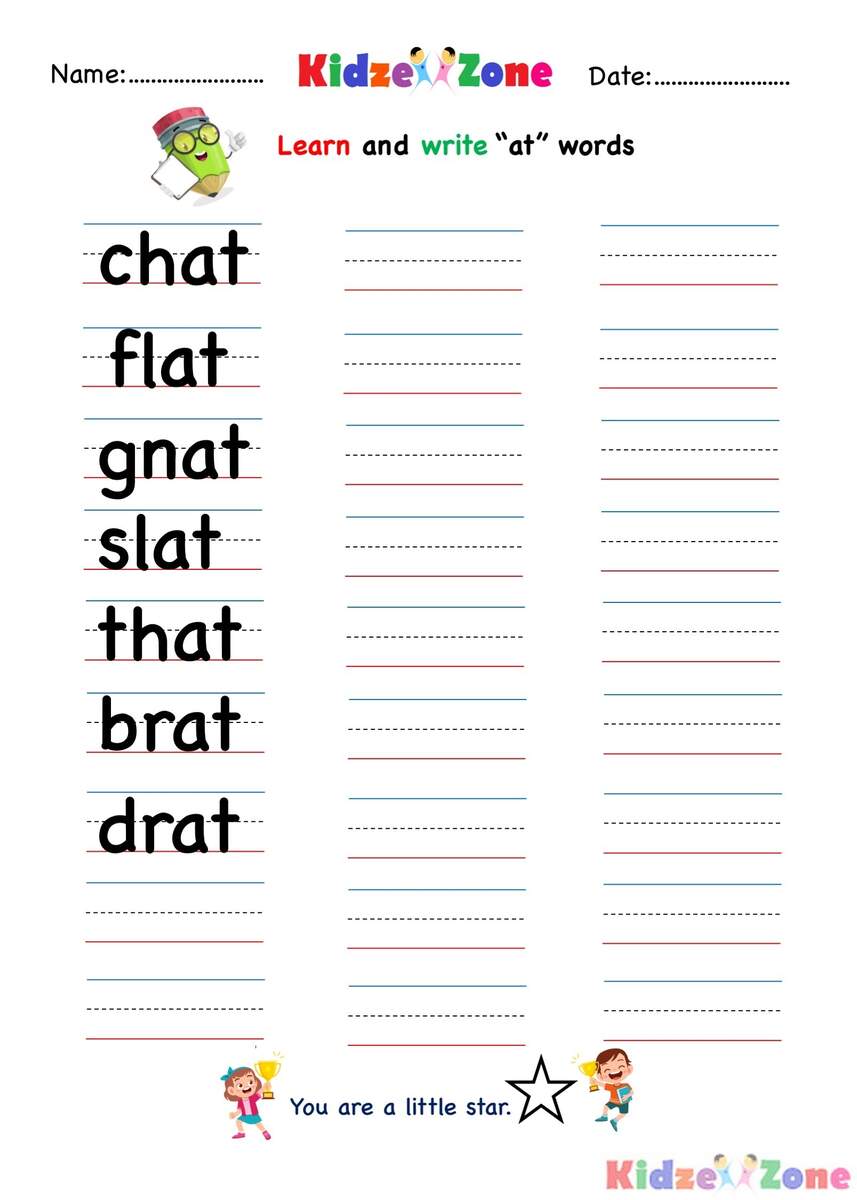 At Word Family Writing Worksheet KidzeZone Free Kindergarten Sight Word Worksheets Printable