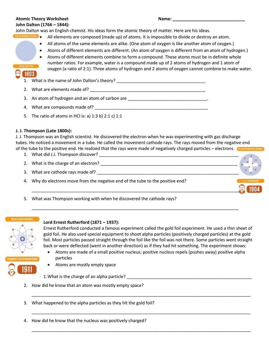 Atomic Theory Worksheet Dalton Thomson Rutherford Bohr