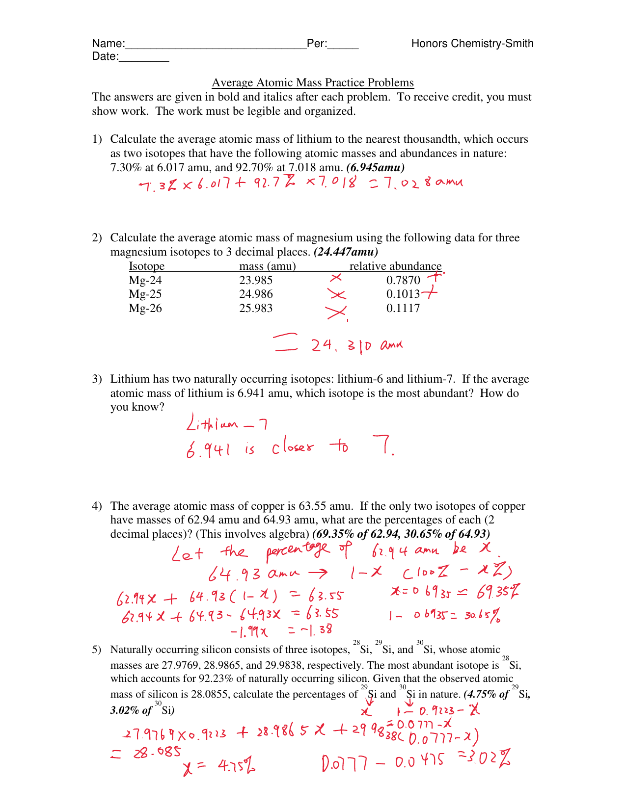 Average Atomic Mass Practice Problems Chemistry